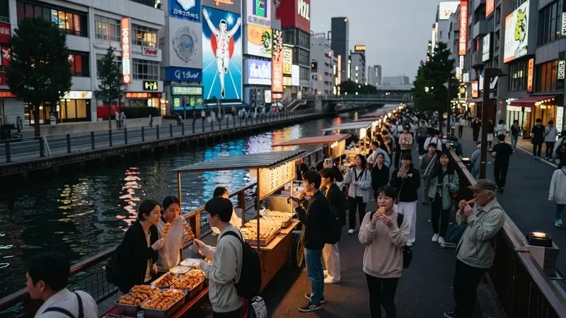 Dotonbori canal at dusk in Osaka with neon signs reflecting on the water, tourists sampling street food along the promenade, osaka street food tour