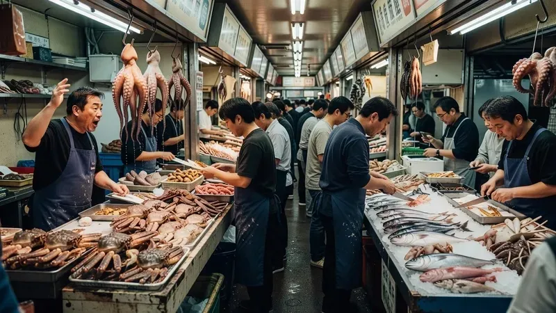Kuromon Ichiba market interior in Osaka with fresh seafood stalls and bustling crowds, osaka street food tour starting point
