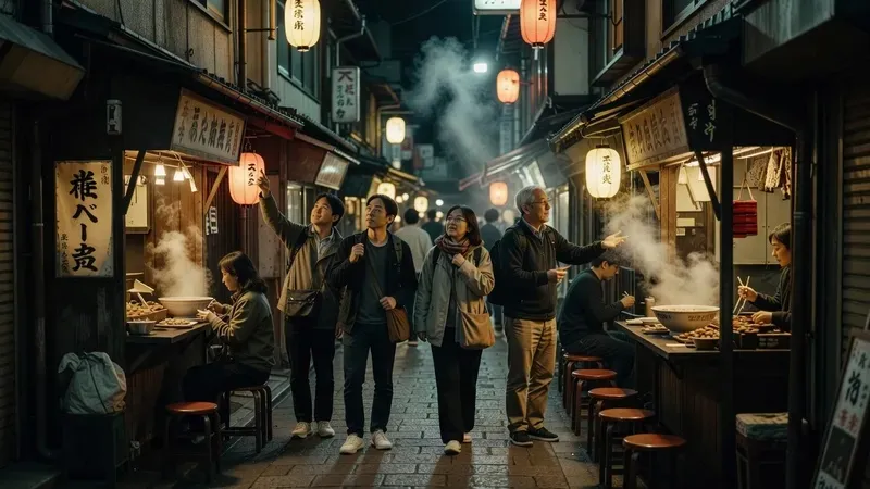 Small group following a local guide into a narrow lantern-lit alley in Ura Namba for a night osaka street food tour, izakaya signs glowing above