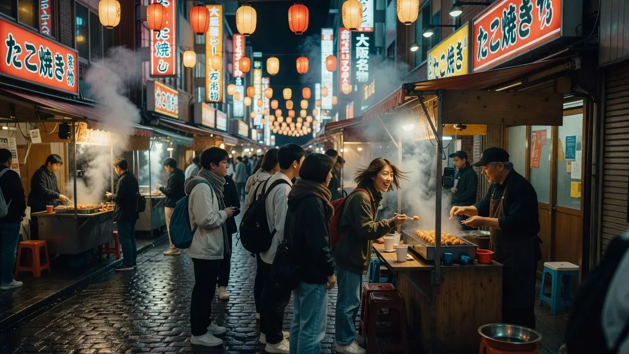 Lively Osaka street food stall at night in Dotonbori, tourists sampling takoyaki with a local guide, neon signs and lanterns, osaka street food tour