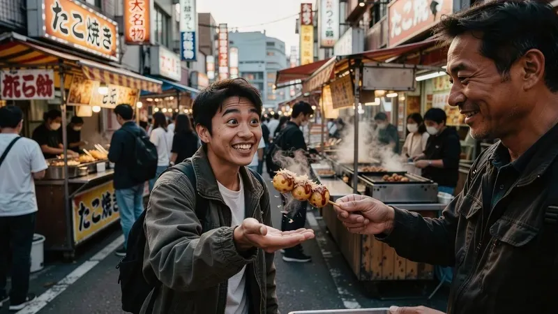 Award-winning guide leading a small group through Shinsekai on an Osaka street food tour, sampling kushikatsu at a local stall, Osaka Japan