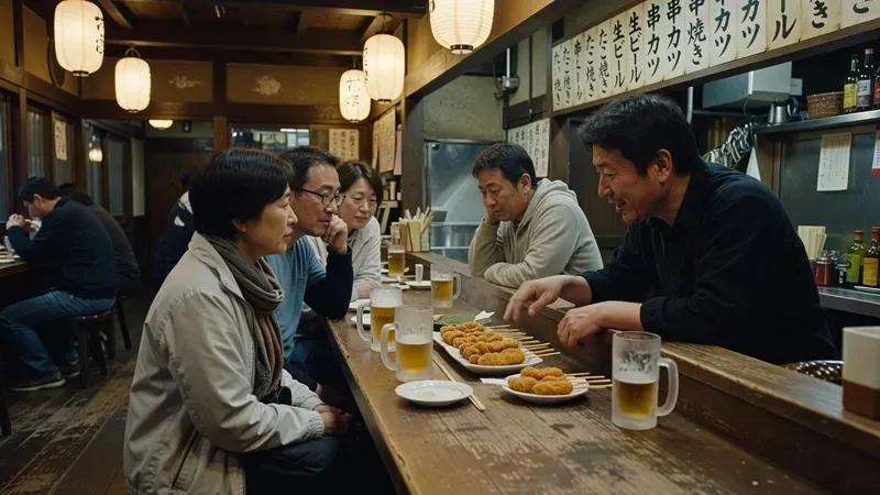 Small group on a guided Osaka street food tour at a Dotonbori sake bar, sampling fresh sashimi and local dishes, Osaka Japan