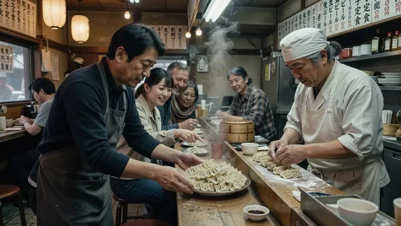 Guide serving handmade gyoza to tourists on an Osaka street food tour through retro Shinsekai district, 17 tastings at local eateries, Osaka Japan