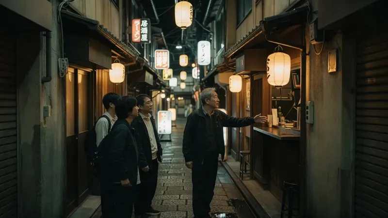 Local guide leading a small group through Ura Namba backstreet alleys on a hidden Osaka street food tour, lantern-lit izakaya, Osaka Japan