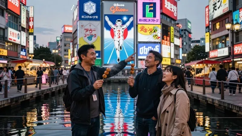 Tourists following a local guide past the Glico Man sign on a 2-hour Dotonbori Osaka street food tour, tasting takoyaki and okonomiyaki, Namba Japan